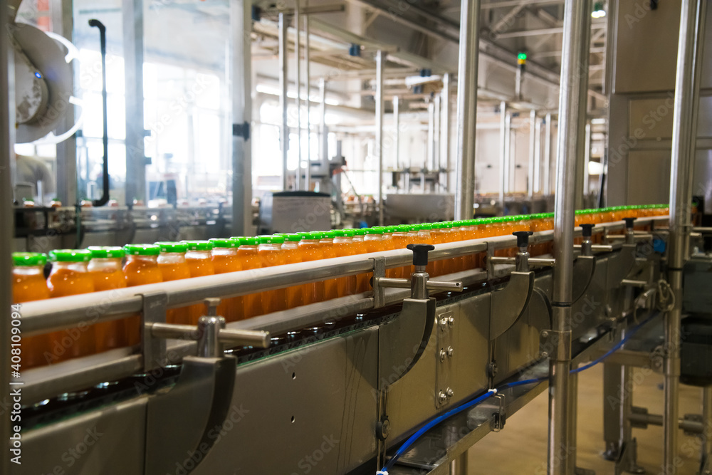 Production line of juice on beverage plant or factory