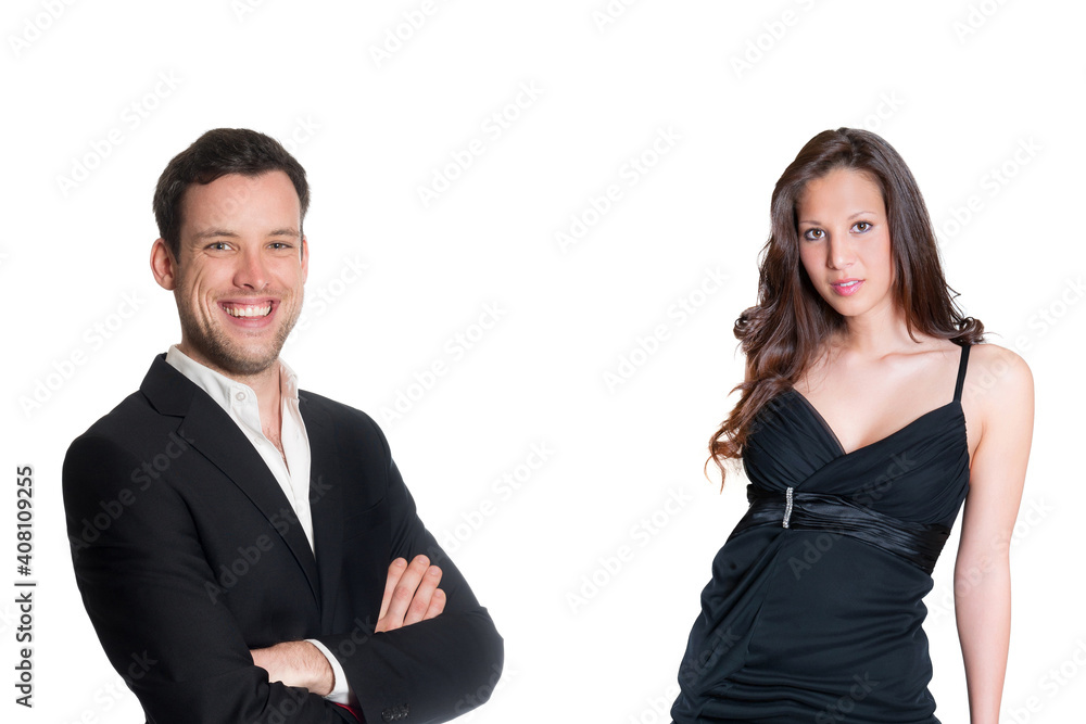 Portrait of a young elegant business couple, isolated in front of white studio background