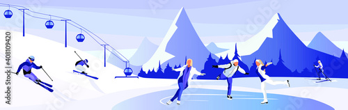 Vector illustration with Happy Skaters and skiers having fun on ski resort. Winter sports resort in mountains hills.