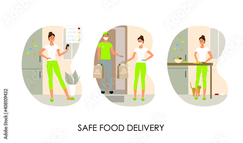 Safe food delivery at home during epidemic of coronavirus covid-19. Man and woman are wearing face masks and disposable medical gloves. Vector cartoon flat illustration isolated on white background.