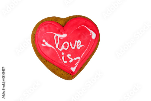Heart shaped gingerbread cookie isolated on white background