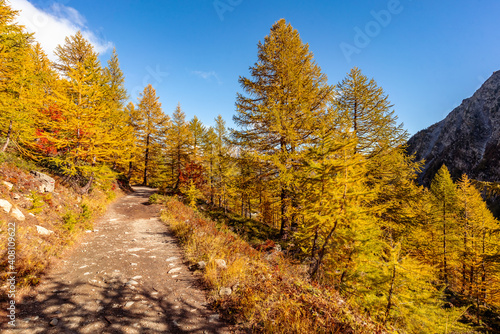 Arpy Lake and the surrounding area during the fall and changing of the colors. Foliage  reflection and snowy peaks