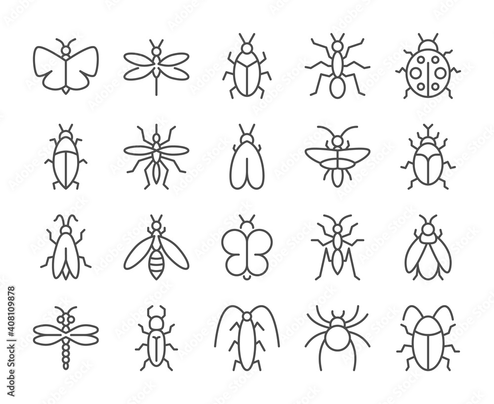 Insects icon. Bugs line icons set. Vector illustration. Editable stroke. Insects icon. Bugs line icons set. Vector illustration. Editable stroke.