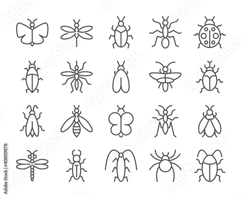 Insects icon. Bugs line icons set. Vector illustration. Editable stroke.