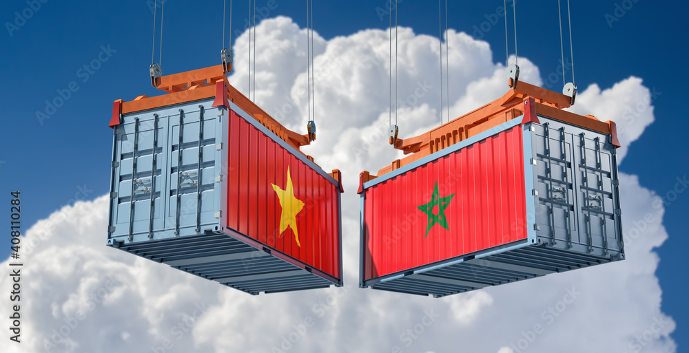 Freight containers with Vietnam and Morocco flag. 3D Rendering 