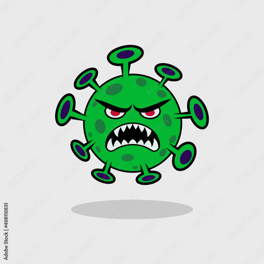 Virus cartoon character design vector illustration, coronavirus logo icon symbol, covid 19 mascot design with evil expression.