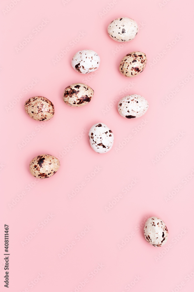 Decorative Easter eggs,  chocolate candy on soft pink background. Spring Holiday
