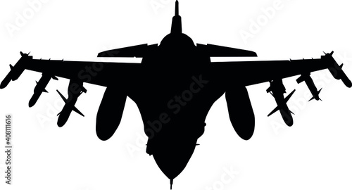 F16 plane, flight of the F16 military plane.  Isolated 
 silhouette	
