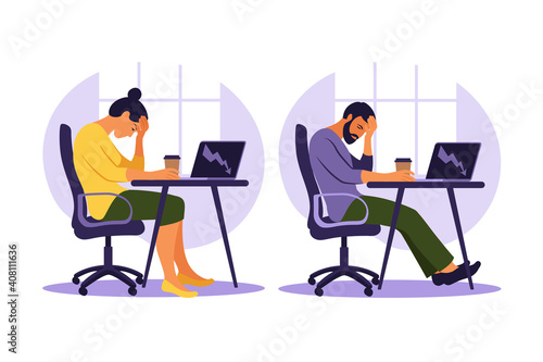 Professional burnout syndrome. Illustration tired office worker sitting at the table. Frustrated worker, mental health problems. Vector illustration in flat.