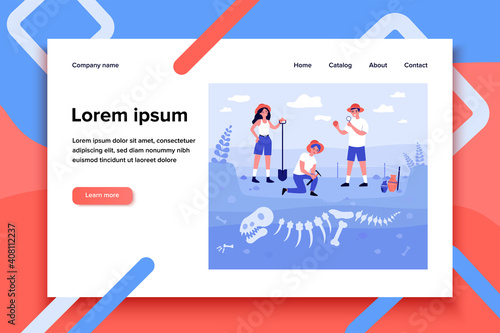 Happy archeologists digging dinosaur bones in soil layers isolated flat vector illustration. Cartoon man and women looking for fossil in ground. Archaeology, paleontology and history concept