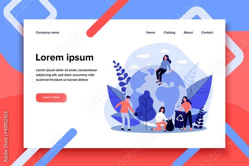 Group of eco volunteers working outdoors. Young people planting tree, collecting garbage flat vector illustration. Environment, planet care concept for banner, website design or landing web page