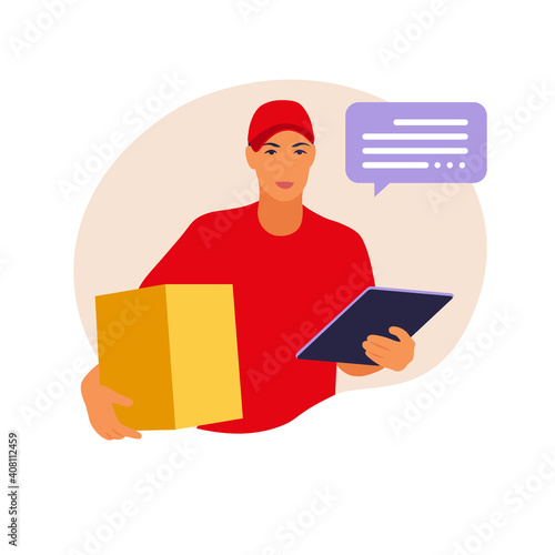 Man holding a box. ourier delivers the parcel . Vector illustration isolate on a white background