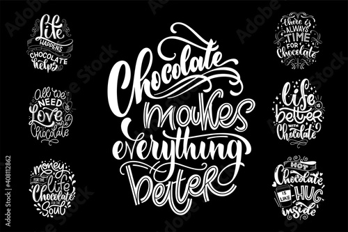 Chocolate hand lettering quotes set. Warm winter word composition. Vector design elements for t-shirts, bags, posters, cards, stickers and menu