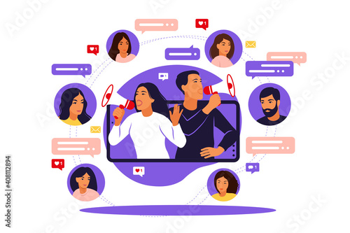 Woman and man with megaphone on screen mobile phone and young people surrounding her. Vector illustrationwith characters - influence blogger promotion services and goods for his followers online.
