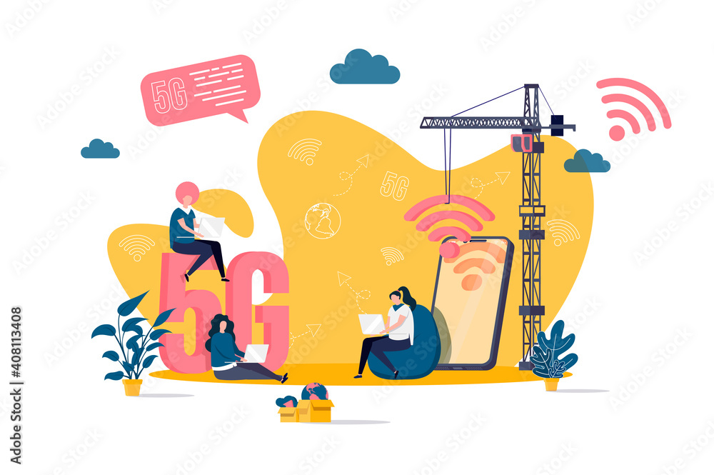 5g Internet concept in flat style. Young people working on laptop scene. Mobile telecommunication system, 5G generation technology standard web banner. Vector illustration with people characters.