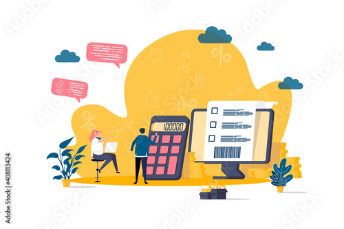 Accountant concept in flat style. Financial balance calculation scene. Business accounting and audit, annual statement and taxes banner. Vector illustration with people characters in work situation.