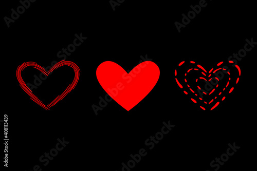 Creative icons set. Red heart shapes in different style  doodle hand drawn lines  logo. For web cards  decorative works. Black background