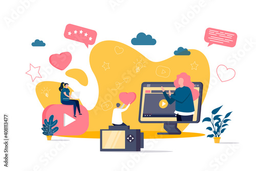 Bloggers concept in flat style. Online stream watching scene. Content production for social media, entertainment and education web banner. Vector illustration with people characters in situation.
