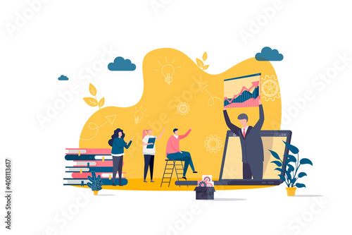 Coaching concept in flat style. Business coach making presentation scene. Consultation and assistance, motivation and mentoring web banner. Vector illustration with people characters in work situation
