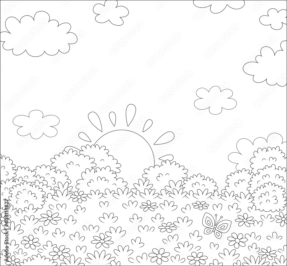 Obraz premium Sun setting over a pretty field with wildflowers and a flittering butterfly on a beautiful warm evening, black and white outline vector cartoon illustration for a coloring book page
