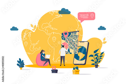 GPS navigation concept in flat style. Man uses GPS navigator scene. Navigate mapping technology, cartography and geolocation system banner. Vector illustration with people characters in work situation