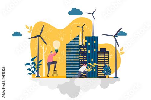Green city concept in flat style. People planting trees and constructing green city scene. Ecology conservation and safety, renewable resources. Vector illustration with people characters in situation