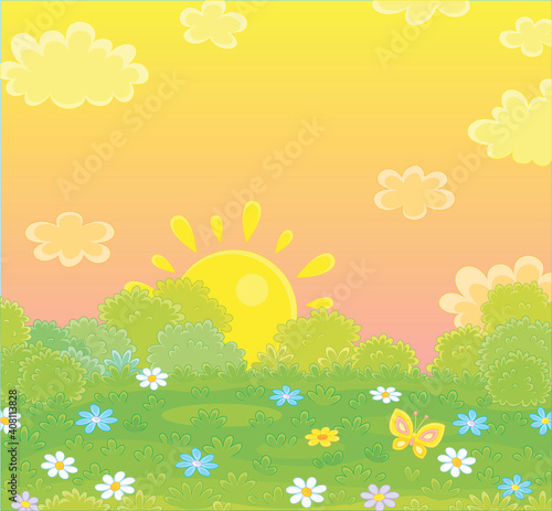 Bright yellow sun setting over a pretty green field with colorful wildflowers and a flittering butterfly on a beautiful warm evening, vector cartoon illustration