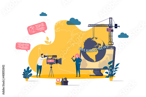 Journalist concept in flat style. Journalist and cameraman making breaking news reportage scene. TV broadcasting, live stream web banner. Vector illustration with people characters in work situation.