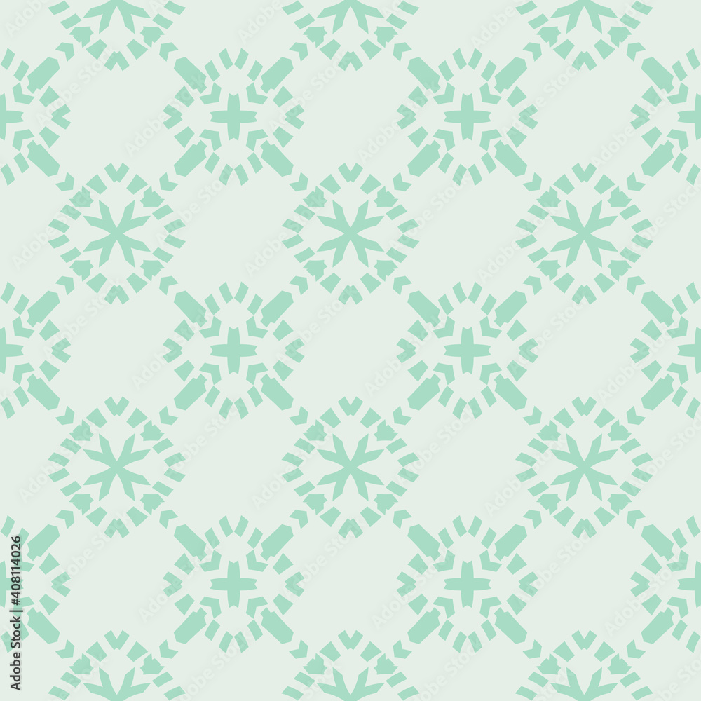 Vector geometric seamless pattern in ethnic style. Simple abstract ornamental background with grid, mesh, floral shapes, crosses, rhombuses. Elegant texture in turquoise green color. Repeat design