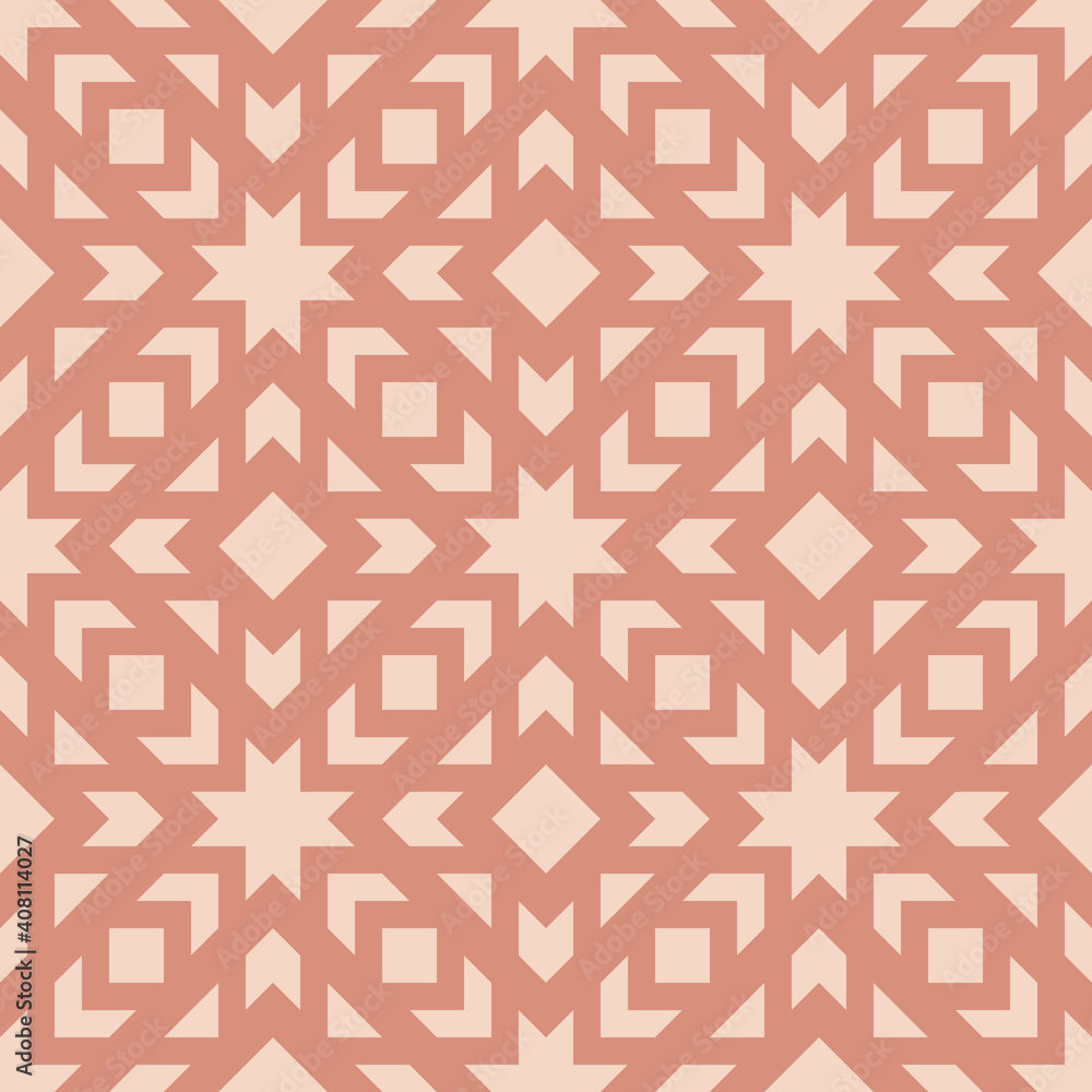 Vector geometric ornament. Stylish seamless pattern with crossing lines, grid, net, lattice, squares, diamonds, star shapes. Abstract background texture in pink and beige color. Elegant repeat design Vector geometric ornament. Stylish seamless pattern with crossing lines, grid, net, lattice, squares, diamonds, star shapes. Abstract background texture in pink and beige color. Elegant repeat design