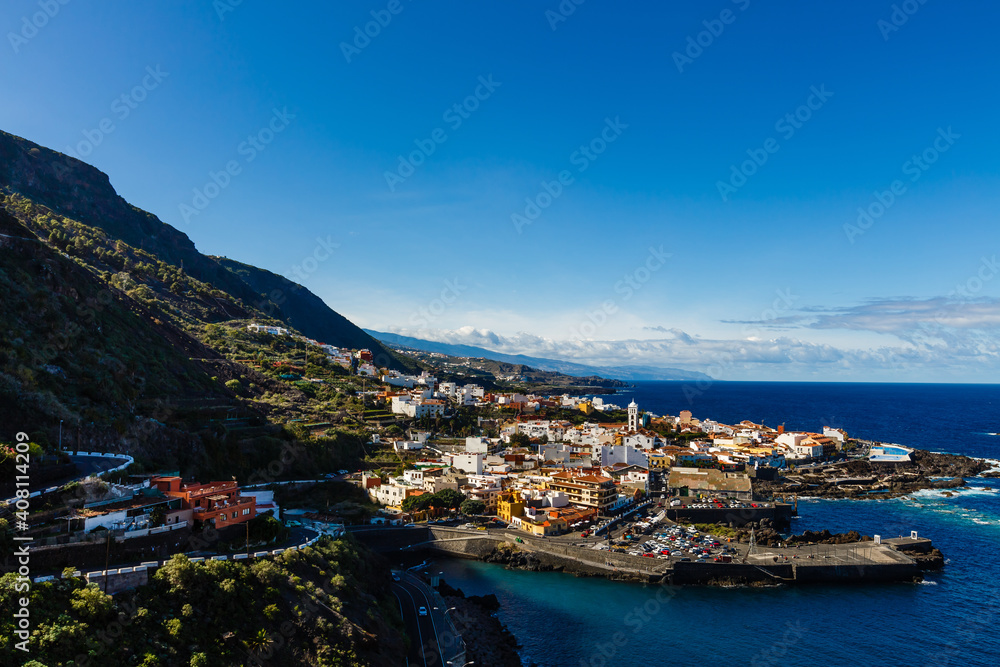 Fototapeta premium Aerial view of Garachico village on the coast of Atlantic ocean in Tenerife island of Spain