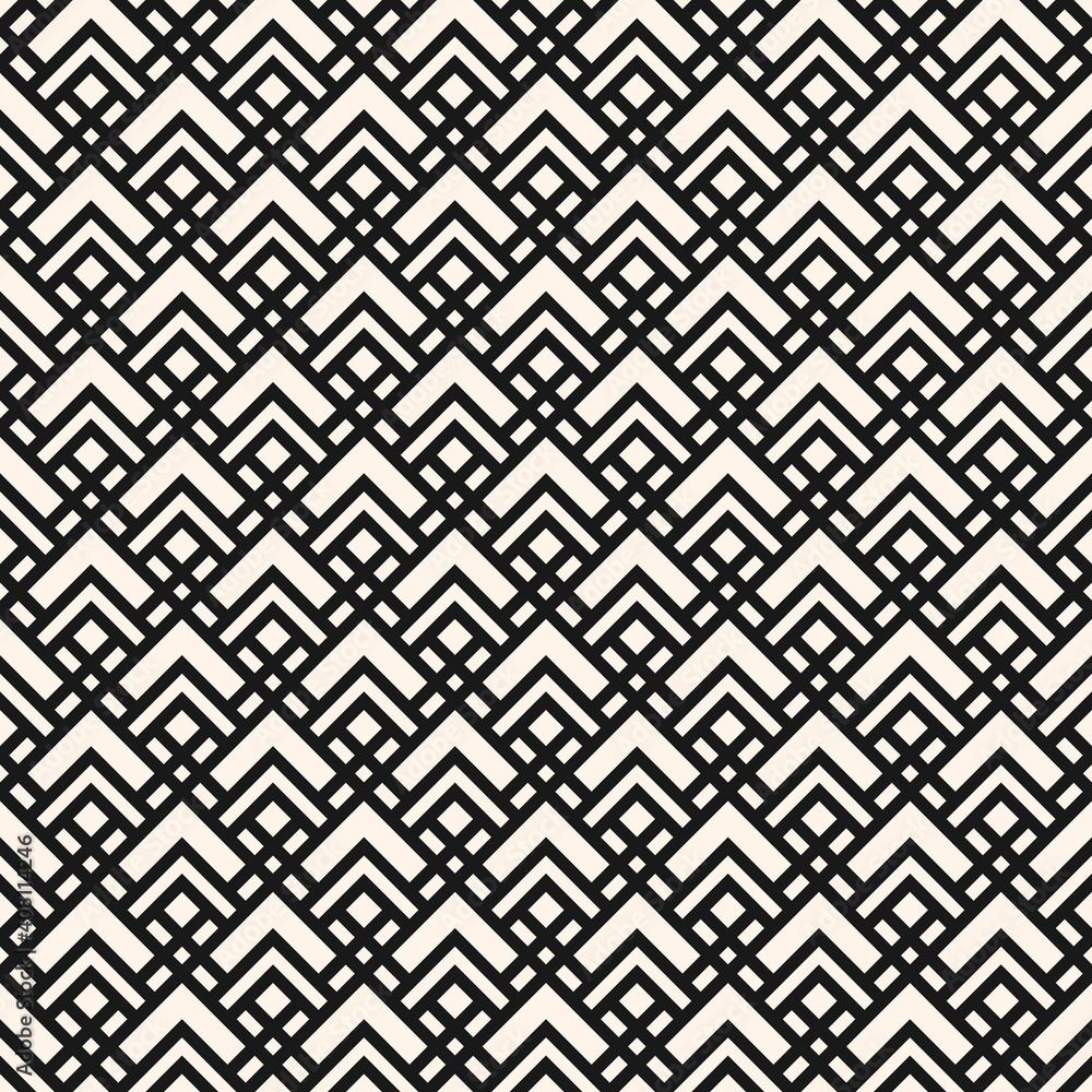 Geometric squares pattern. Vector abstract black and white seamless texture with square grid, diamond shapes, rhombuses, lines, net, lattice. Simple modern monochrome background. Repeat geo design