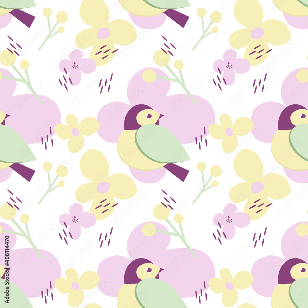 Vector cute seamless pattern with birds and flowers for fabrics, paper, textile, gift wrap isolated on white background for cute postcard, logo