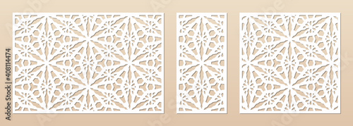 Laser cut pattern set. Vector design with elegant geometric ornament, abstract floral grid, mesh. Template for cnc cutting, decorative panels of wood, metal, paper, plastic. Aspect ratio 3:2, 1:2, 1:2