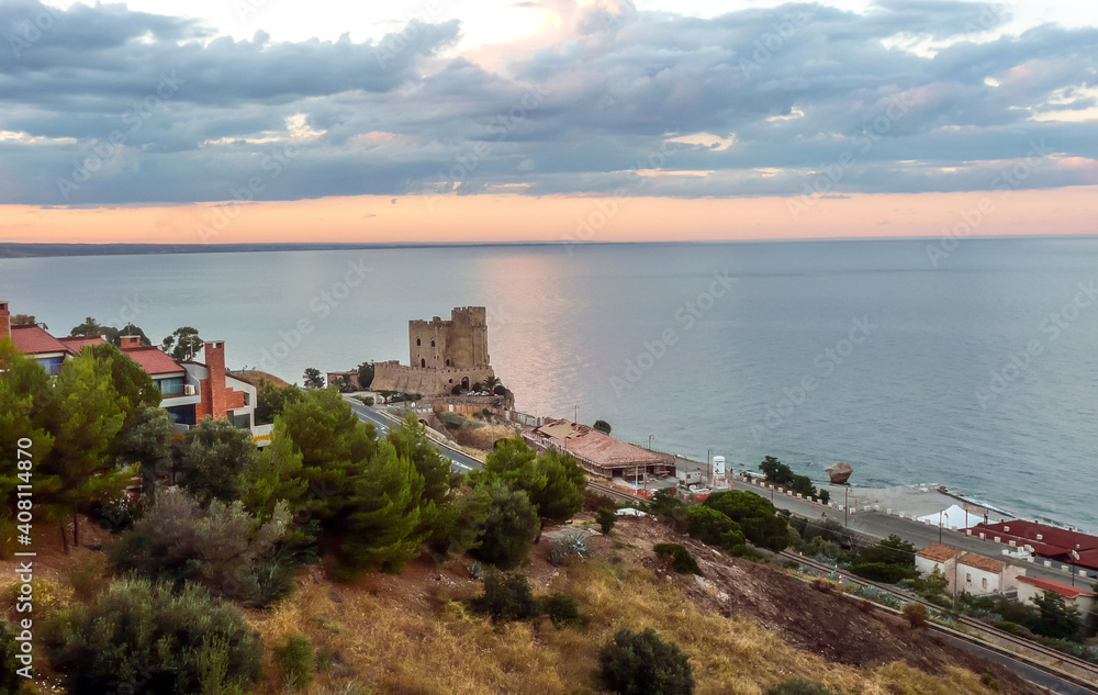 Aerial view of Roseto Capo Spulico during a beautiful sunset over the sea