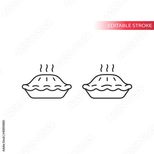 Pie simple vector line icon. Hot pie in platter with steam outline symbol  editable stroke.