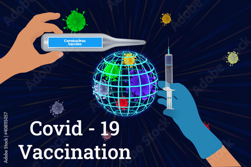 Time to vaccinate. Horizontal banner with hand holding medical vaccine,syringe,virus sign.Disease prevention Covid - 19. Stock vector illustration on dark isolated background.