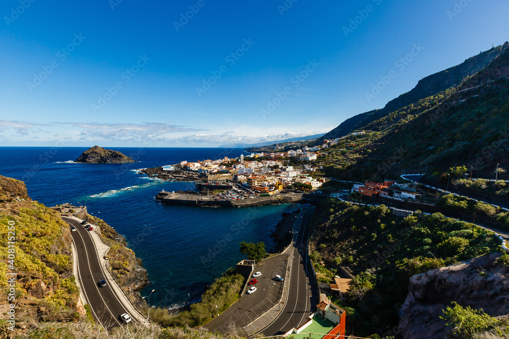 Aerial view of Garachico village on the coast of Atlantic ocean in Tenerife island of Spain