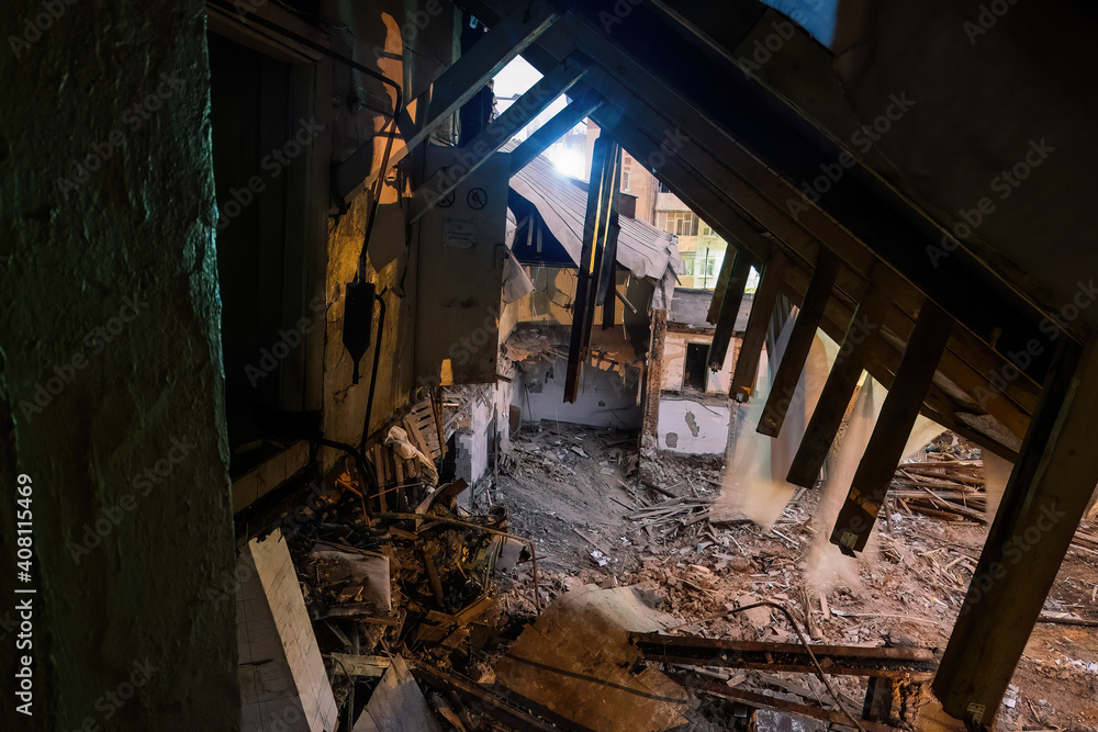 Ruined factory interior. Consequences of disaster, war or demolition Ruined factory interior. Consequences of disaster, war or demolition
