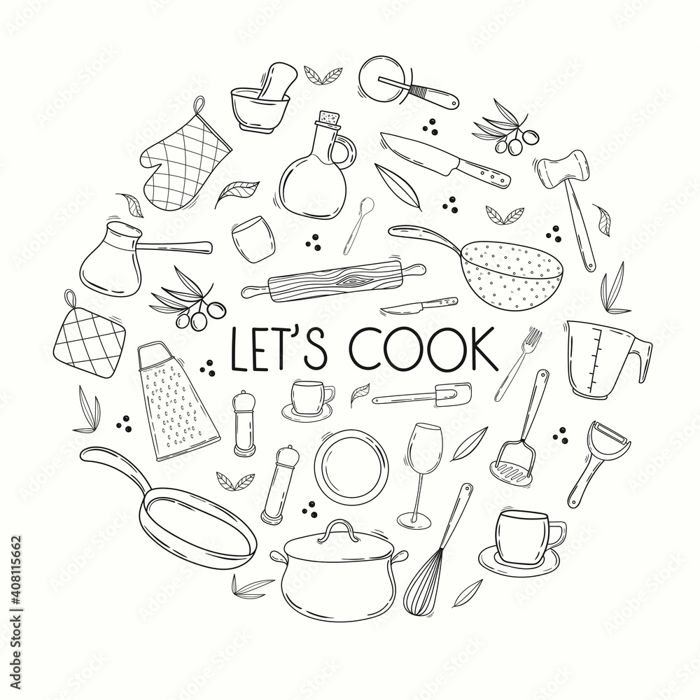 Hand drawn collection of kitchen utensils and tableware. Line art, Doodle Cooking equipment in circle shape. Lettering - Let’s cook Hand drawn collection of kitchen utensils and tableware. Line art, Doodle Cooking equipment in circle shape. Lettering - Let’s cook