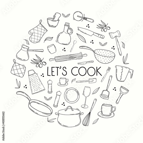 Hand drawn collection of kitchen utensils and tableware. Line art,  Doodle Cooking equipment in circle shape. Lettering - Let’s cook
