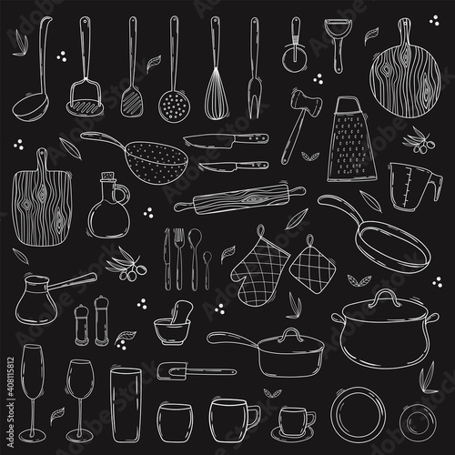 Hand drawn collection of kitchen utensils and tableware. Line art on a chalkboard background. Doodle Cooking equipment set.
