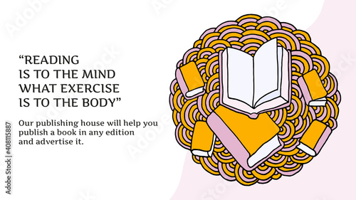 Love for books. Books on an abstract background. Website header or banner in Colored Doodle style, Yellow and lilac colors. Reading is to the mind what exercise is to the body. Vector EPS 10