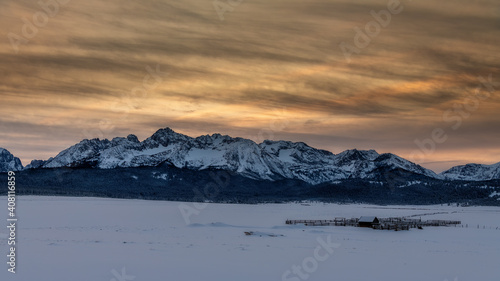 Winter Idaho mountain corral at sunset