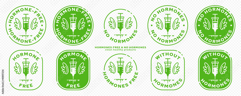 Conceptual stamps for product packaging. Labeling - Hormone Free. A syringe with wings - a symbol of hormone-free. Vector grouped elements. Conceptual stamps for product packaging. Labeling - Hormone Free. A syringe with wings - a symbol of hormone-free. Vector grouped elements.