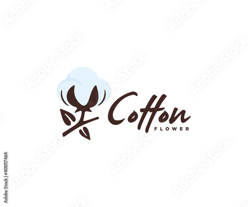Cotton flower branch logo design. Cotton blossom vector design. 100% cotton logotype