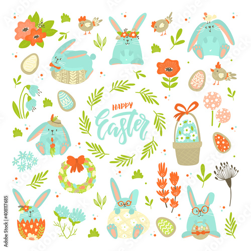 Easter holiday vector elements. Cookie eggs, chicken, rabbits
