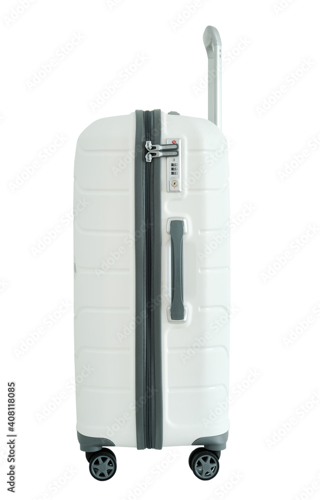 Belarus, Brest - July 23, 2019: Close the Samsonite brand logo on an wite  hard-top suitcase / shell. This is a popular luggage brand.White suitcase  isolated on white background. Stock Photo | Adobe Stock