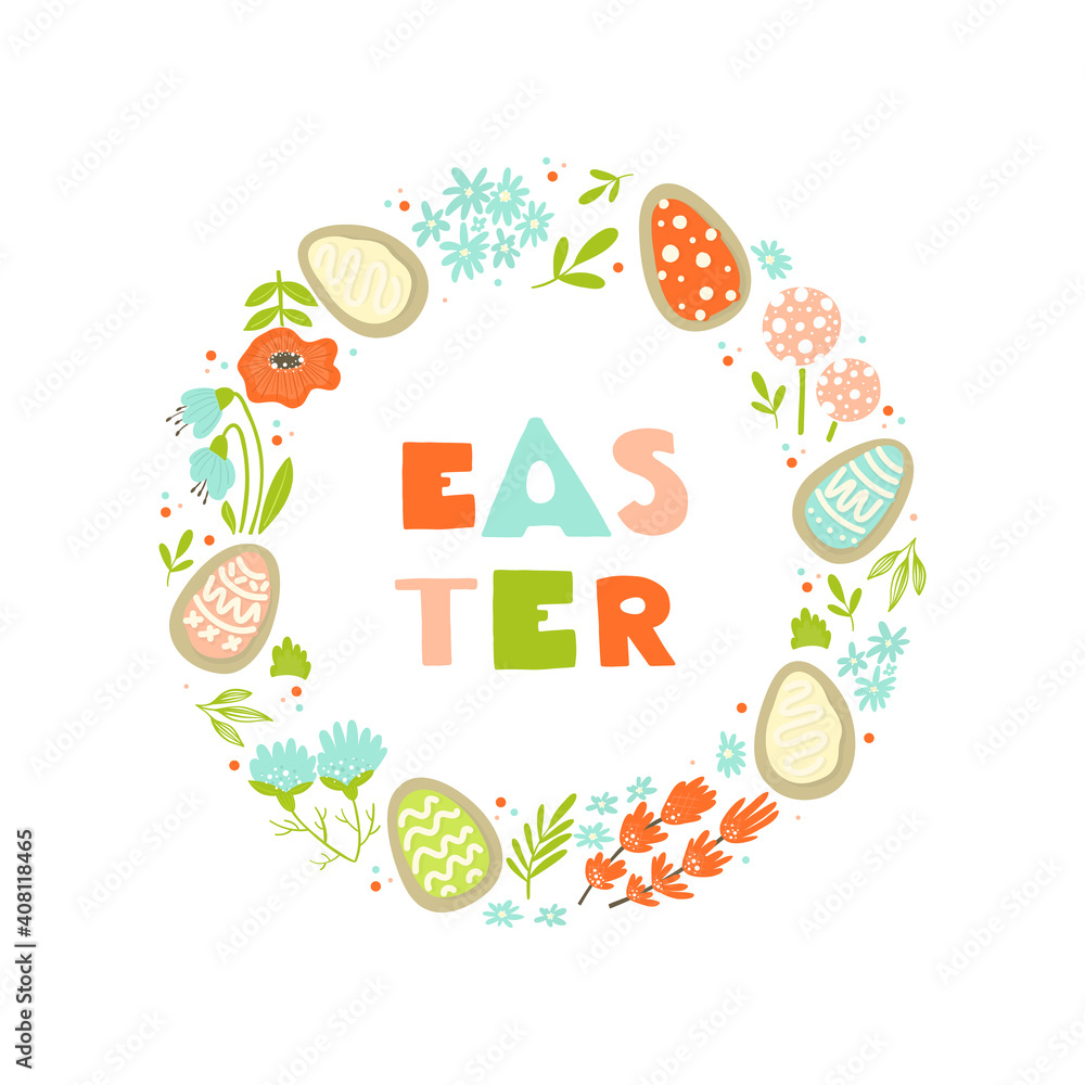 Easter wreath with colorful cookie eggs, flowers, and branches on white background