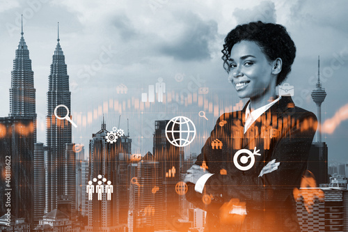 Canvas Print Successful smiling attractive black businesswoman thinking about career opportunities at research and development department at international company